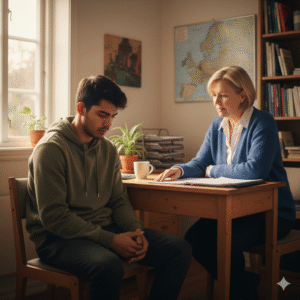 Veileder snakker med en ung deltaker i et kontor. Deltakeren ser alvorlig ut mens de diskuterer personlige temaer. Bildet symboliserer maktbalanse og tillit i integreringsarbeid.